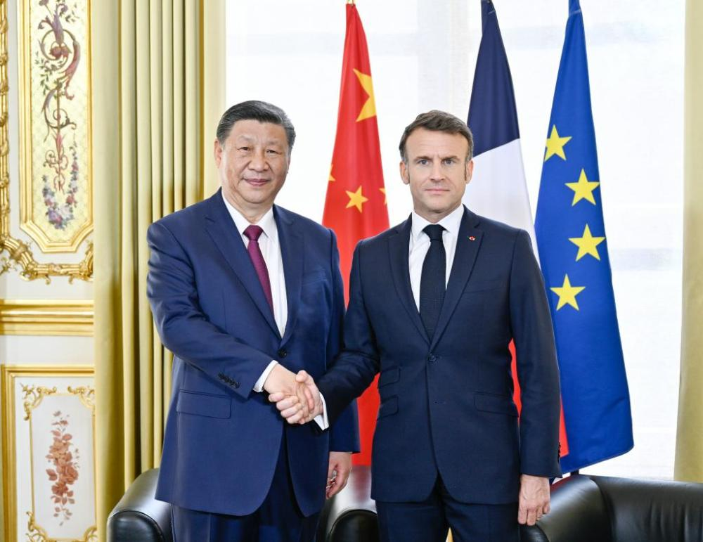 當?shù)貢r間5月6日下午，國家主席習(xí)近平在巴黎愛麗舍宮同法國總統(tǒng)馬克龍舉行會談。新華社記者 殷博古 攝