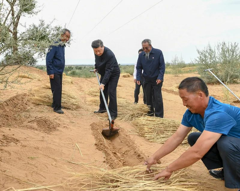 2019年8月21日，習(xí)近平來(lái)到甘肅省武威市古浪縣八步沙林場(chǎng)，實(shí)地察看當(dāng)?shù)刂紊吃炝帧⑸鷳B(tài)保護(hù)等情況。新華社記者 謝環(huán)馳 攝