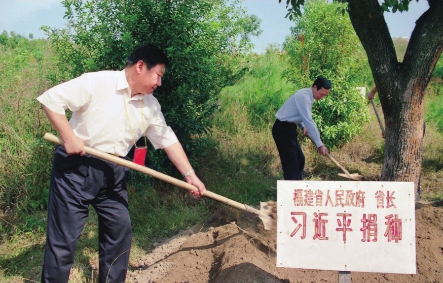 2001年10月，習(xí)近平在龍巖市長(zhǎng)汀縣調(diào)研水土流失治理工作，在河田世紀(jì)生態(tài)園為樹(shù)培土。圖源：《習(xí)近平在福建（下）》